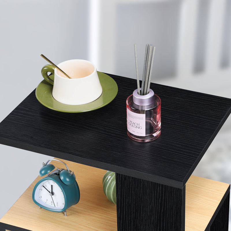 Table de bout rectangulaire en bois massif et manufacturé Josefin avec rangement en rotin , Noir / brun