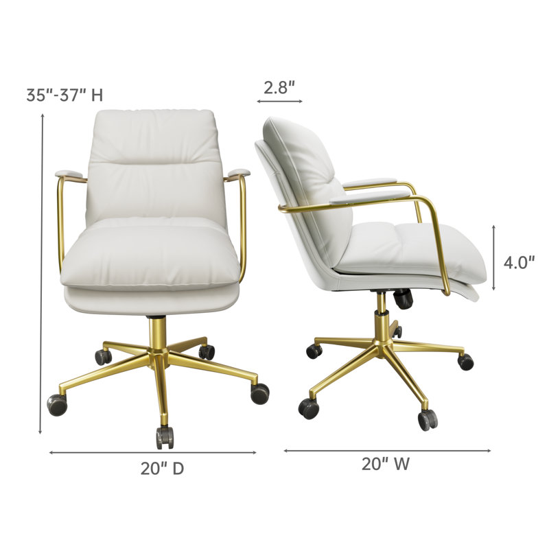 Chaise de bureau en cuir Jerrid, Blanc, Or