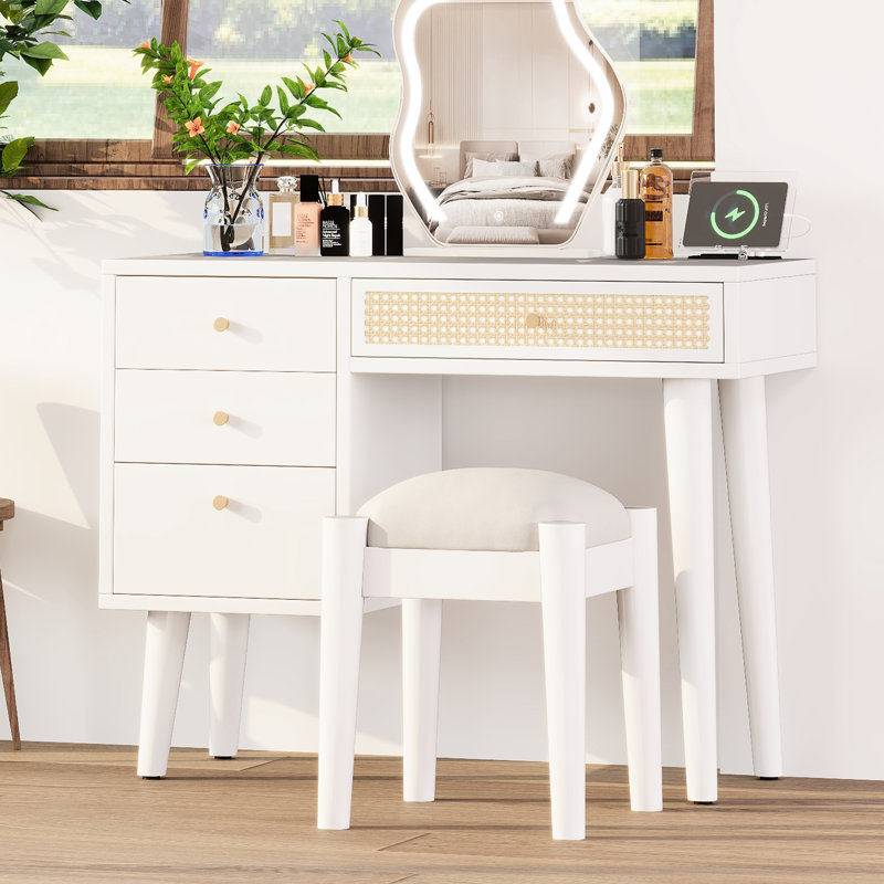 Coiffeuse de style rétro bohémien - blanc, 4 tiroirs, tabouret, prise de charge et coiffeuse de 39 po avec tiroirs bohémien, prise de port, structure