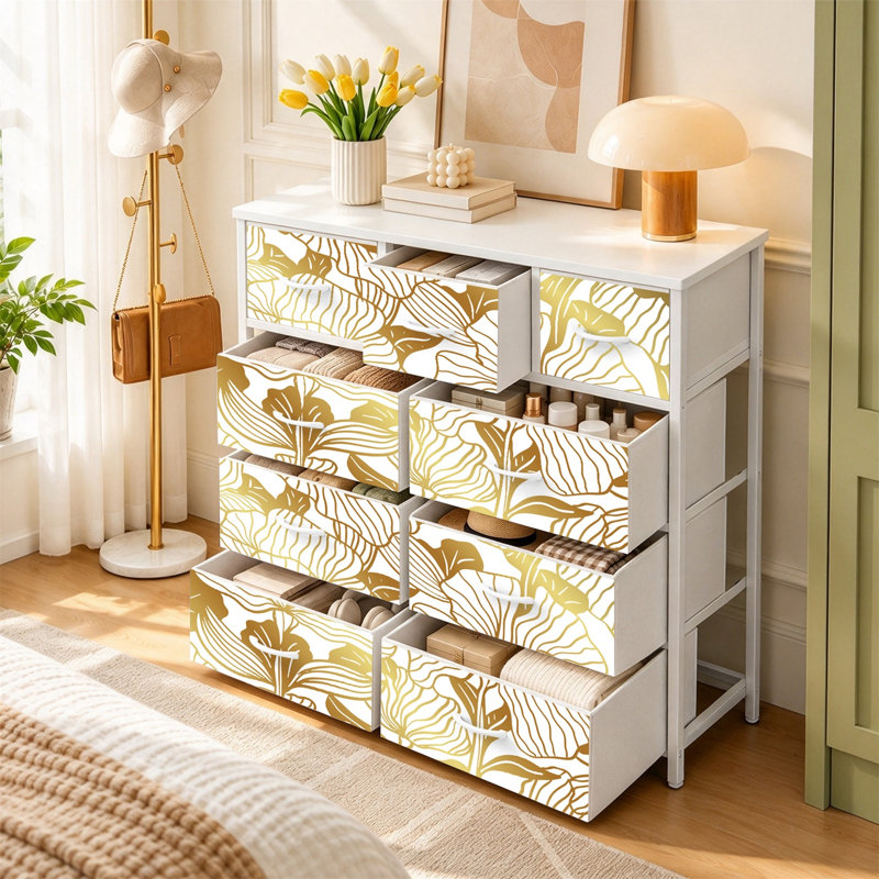 Commode avec 9 tiroirs en tissu, commode haute pour chambre à coucher, commode à grandes tiroirs pour le salon, Blanc