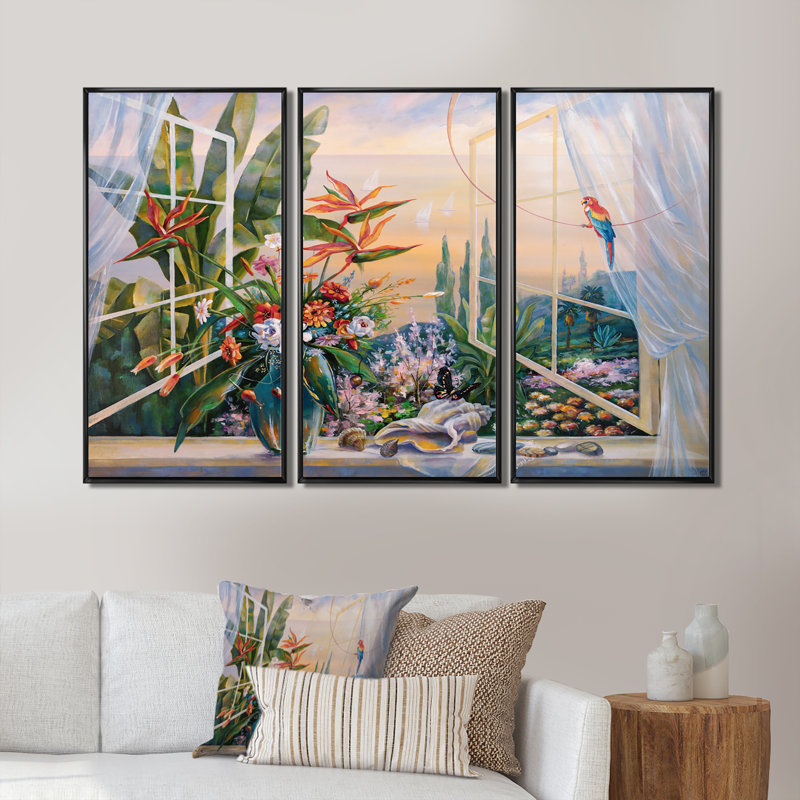 Printemps du soir à Sotchi, fleurs tropicales, ensemble de 3 toiles encadrées, Noir, H 28 po x l 36 po x P 1 po