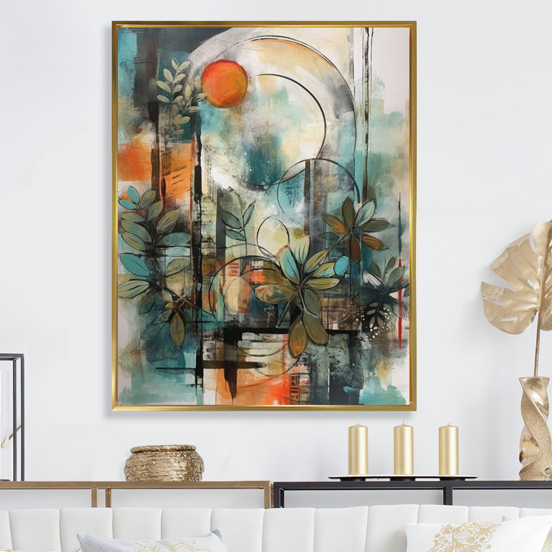 «Hedley Orange and Green Abstract Bohemia II», reproduction sur toile, H 20 po x l 12 po x P 1 po, Cadre flottant doré