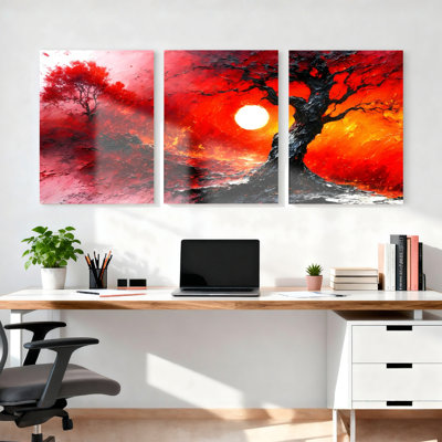 Ensemble de 3 toiles murales « Paysage de coucher de soleil sur un arbre rouge » pour la décoration du salon et de la chambre à coucher.