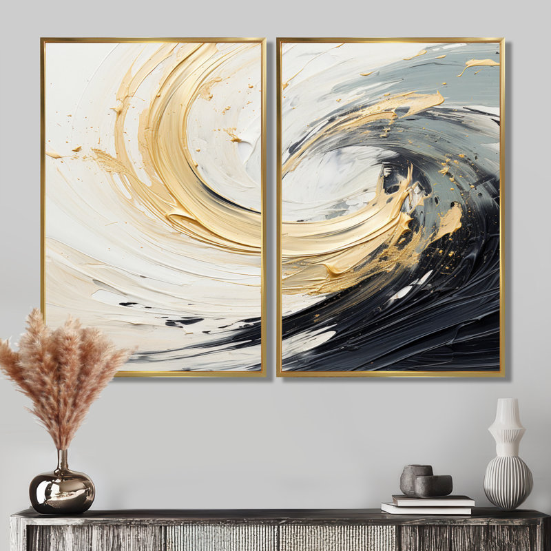 «Radiant Revolve», spirale dorée moderne, H 36 po x l 48 po, Cadre flottant, Doré