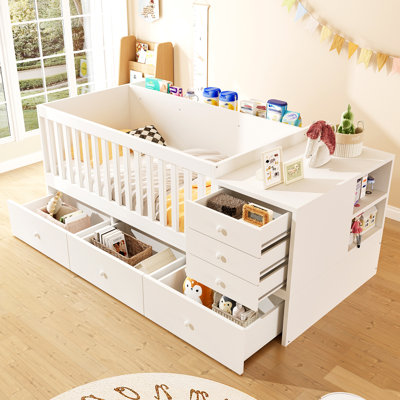 Convertible Crib to Daybed with Drawers,2-in-1 Baby Crib with Solid Wood Guardrails,Changing Table & Storage Drawers,Compatible with standard US toddler mattresses,Toddler Bed with Safety Rail, White