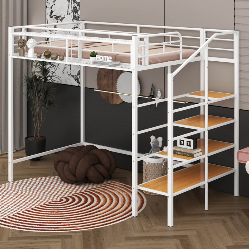Twin Size Loft Bed With Stairs And Storage, Metal Loft Bed Frame With Upper Grid Storage Shelf And Lateral Storage Stairs