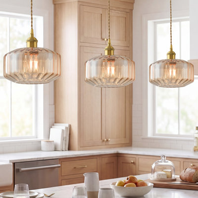 Luminaire suspendu pour îlot de cuisine 1 lumière avec abat-jour en verre ambré et hauteur réglable