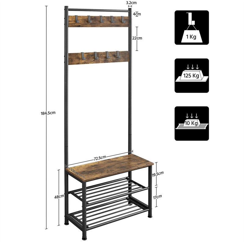 Luisella Iron Freestanding 9 - Hook Coat Rack, Black Rustic Brown