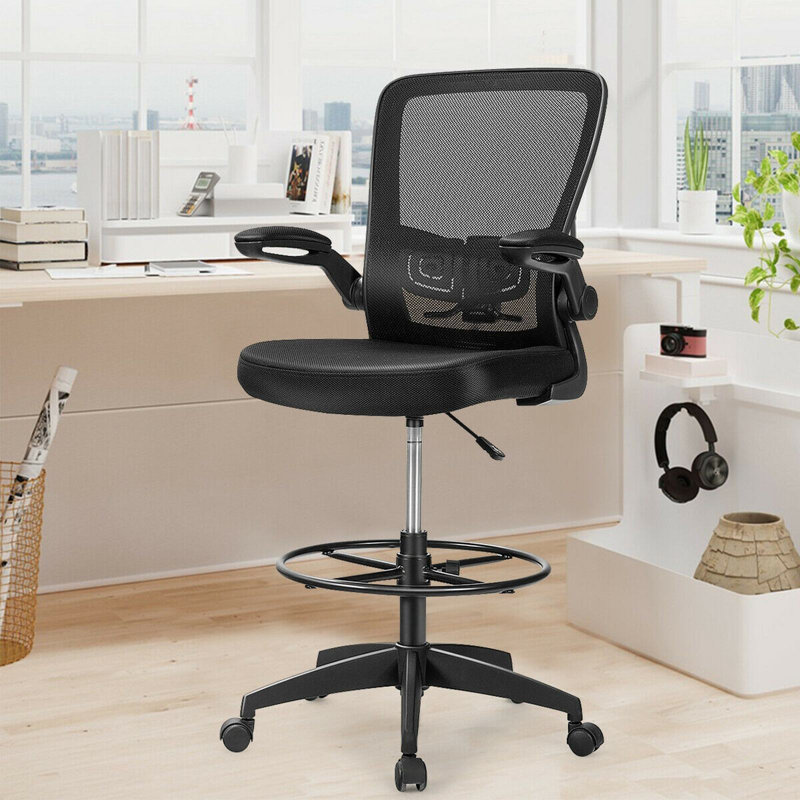 Height Adjustable Mesh Fabric Drafting Chair with Flip Up Arms, Black