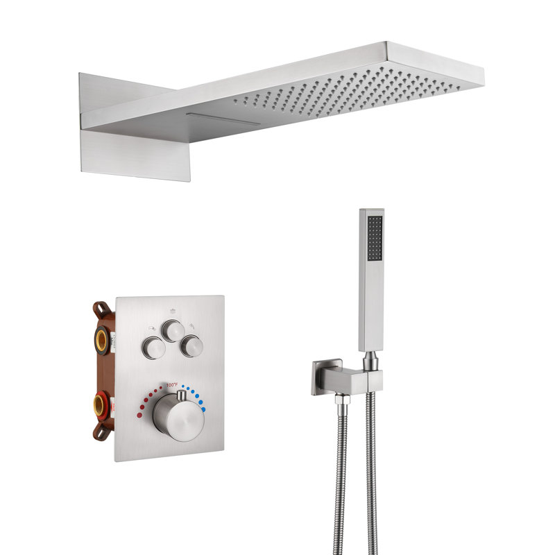 Herathena 3 Functions Thermostatic Luxury Shower System with Rough-in Valve, Brushed Nickle