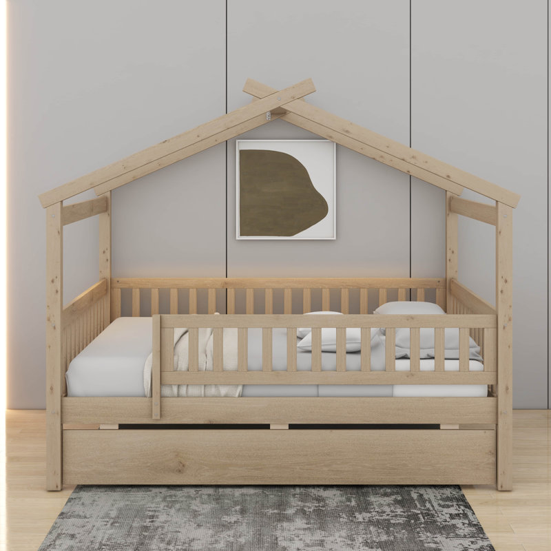  Lit en bois avec couchette, Naturel, Lit double