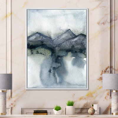 «Minimalistic Landscape of Mountains Trees and Snow», peinture sur toile à cadre flottant
