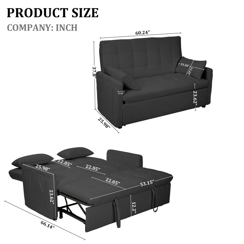 60-Inch Sofa Bed “3-In-1 Convertible Sofa Bed, Cushion Sofa, Pull-Out Bed, 2-Seater Sofa With Pockets, Adjustable Backrest and Pillow, Living Room Apartment (Button Tufting)
