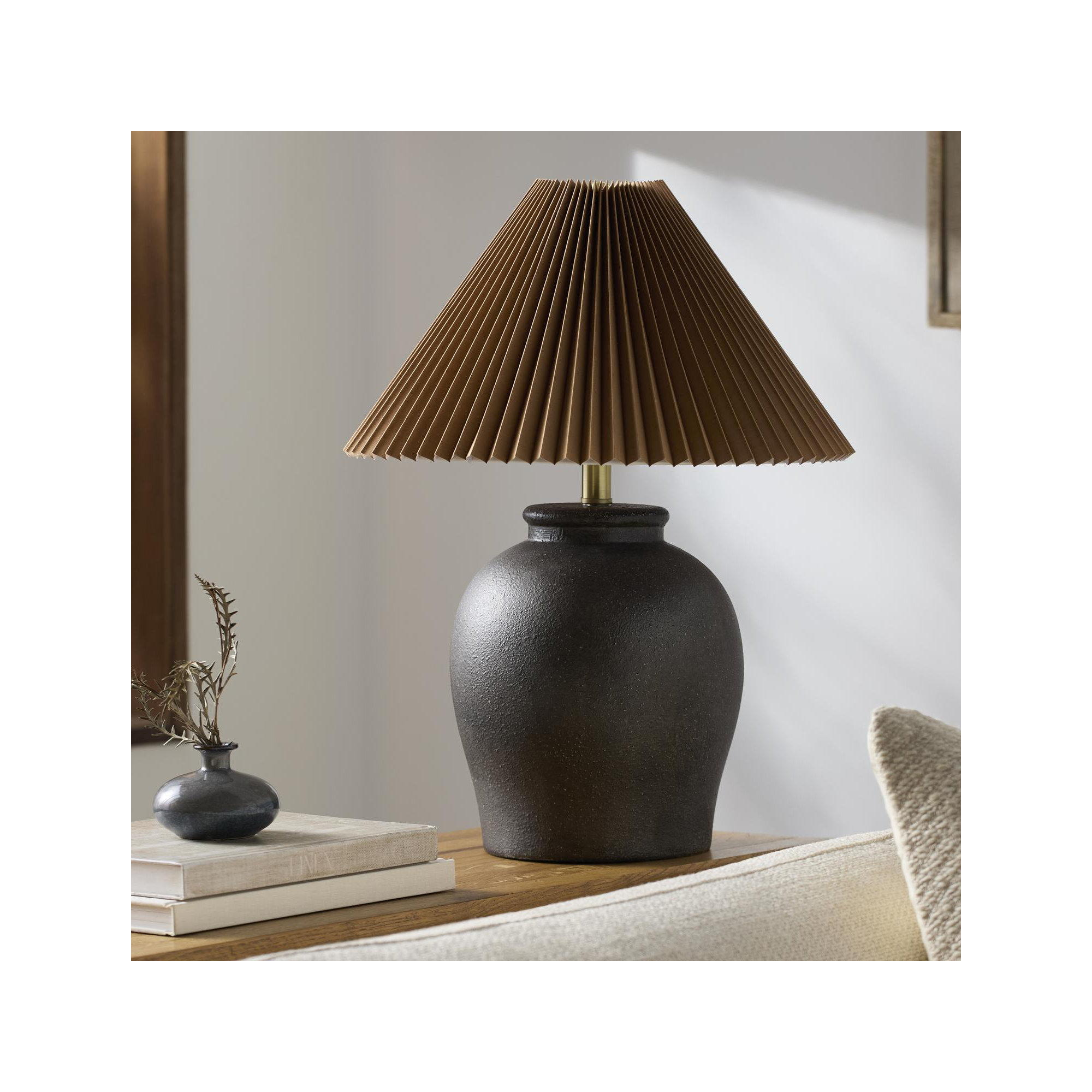 Chemise Ceramic Table Lamp, Black, Brown Pleated