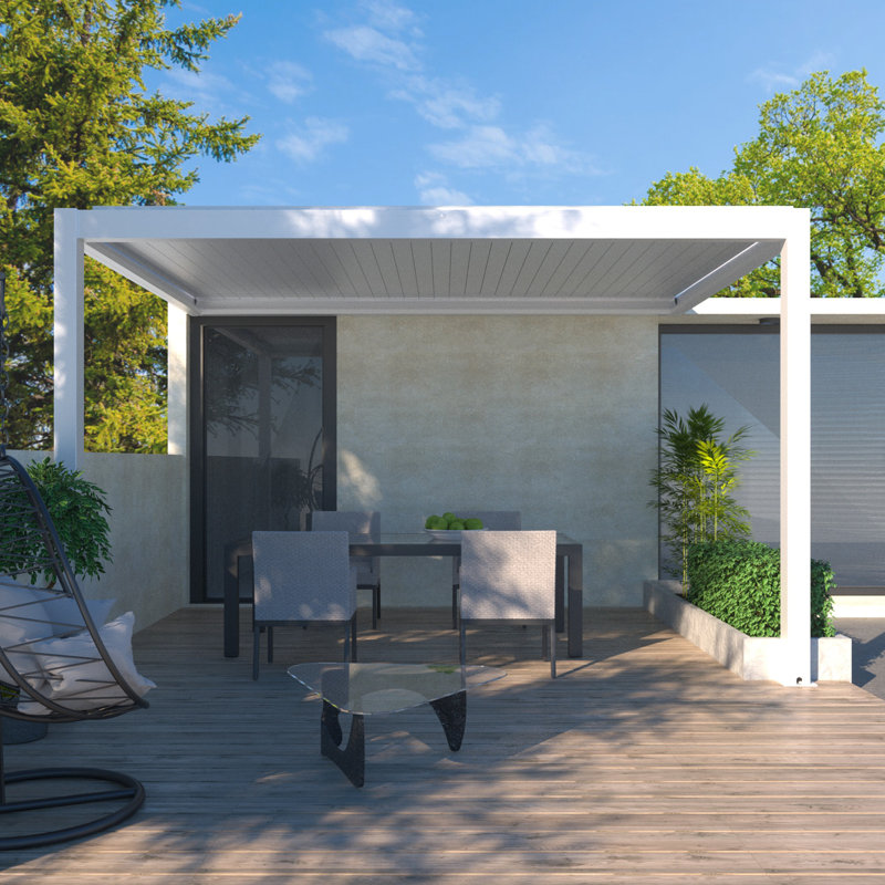 White Motorized Aluminum Wall-Mounted Pergola with LED Lighting