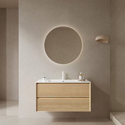Meuble-lavabo de salle de bain avec lavabo, armoire de rangement murale en contreplaqué flottant avec tiroirs, lavabo en céramique blanc avec couvercle et trou de lavabo, pré-assemblé