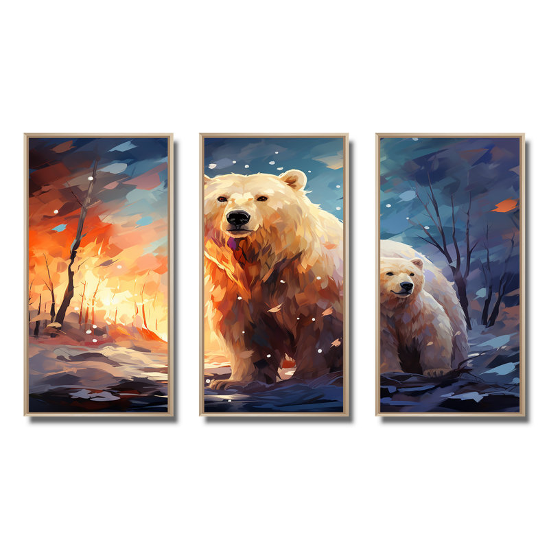 Famille d'ours polaire Starlit en hiver IV - Ours 2, art mural, H 40 po x l 61 po, Cadre flottant brun