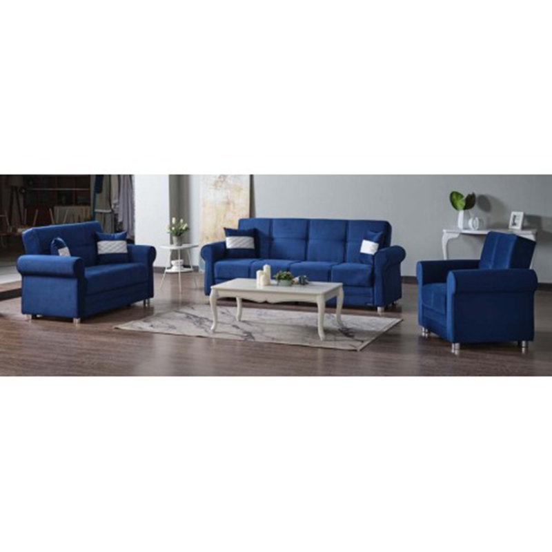 Sara Fabric Upholstered 3-in-1 Sleeper Sofa Bed with Storage, Blue Microfiber, 36.61"H x 87.79"W x 33.46"D