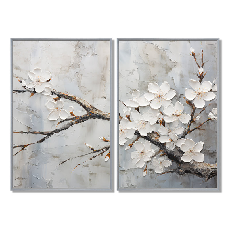 Fleur de cerisier blanc et gris minimaliste, 36" H x 48" W, Impression encadrée flottante, Silver