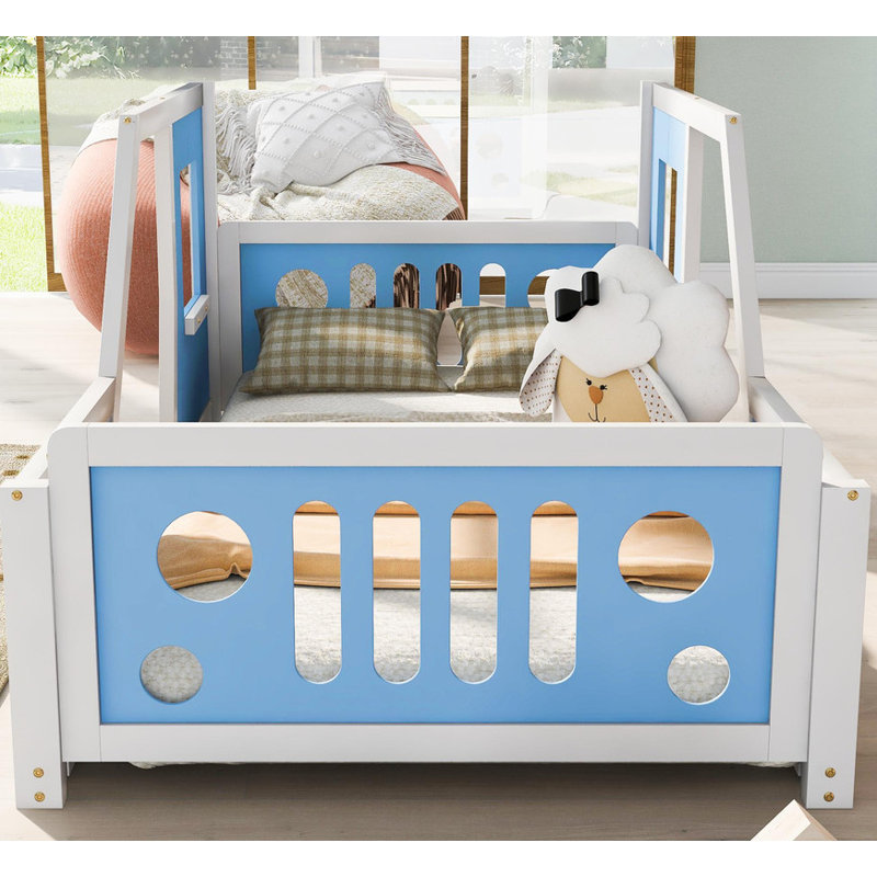 Lit plateforme simple en forme de voiture, Lit simple, Bleu / blanc