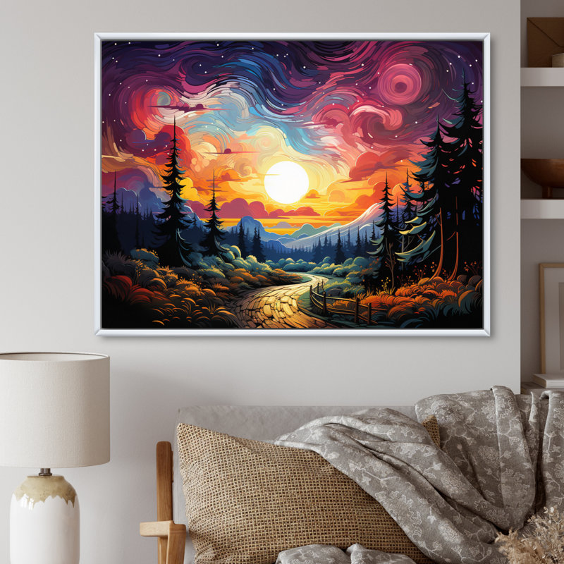 Purple Pink Northernlights Road To Infinity I - Landscapes Canvas Wall Art, H 16 po x l 32 po, Cadre photo noir