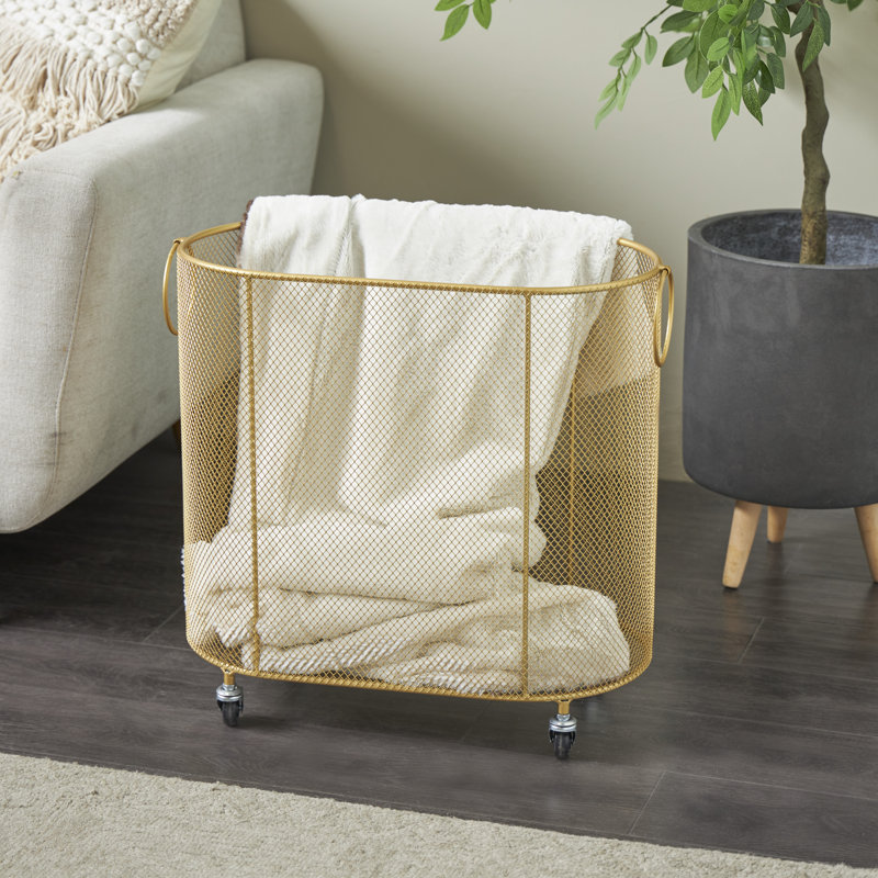 Metal Oval Mesh Wire Rolling Laundry Storage Basket With Ring Handles, Gold