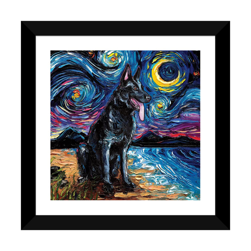 «Black German Shepherd Night» par Aja Treves - reproduction d'art, Blanc, Papier encadré noir, H 24 po x l 24 po x p 1 po