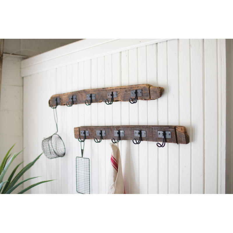  Recycled Wood Coat Rack with Five Wire Hooks, 4" Tall, (Set of 2) Distressed Finish