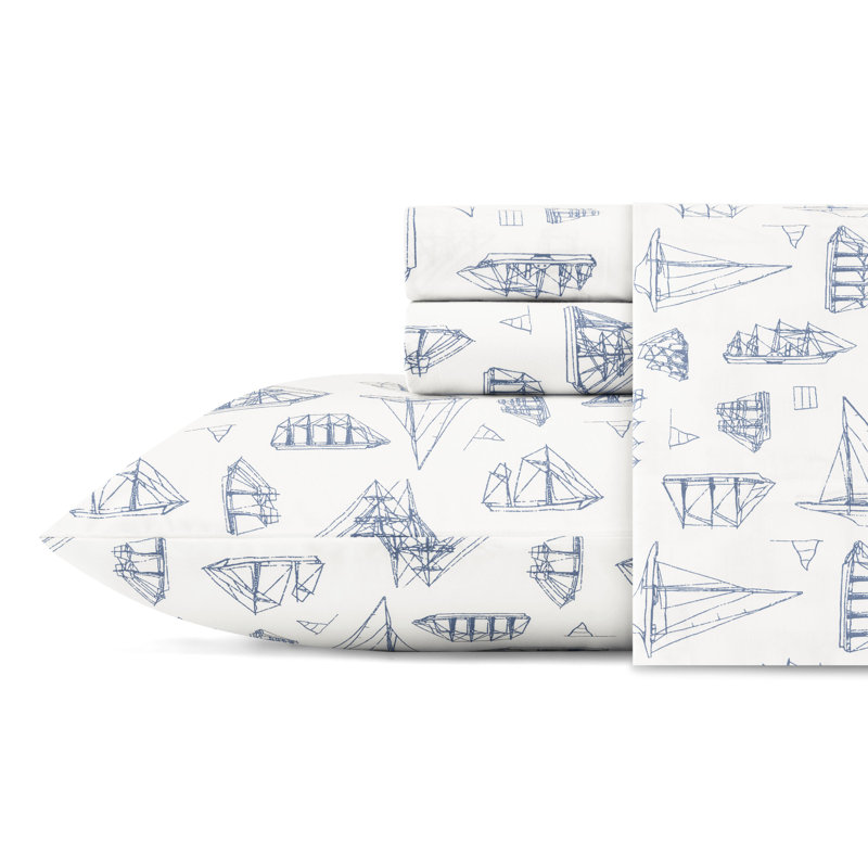 Twin XL Blue Cotton Percale Nautical Print Sheet Set