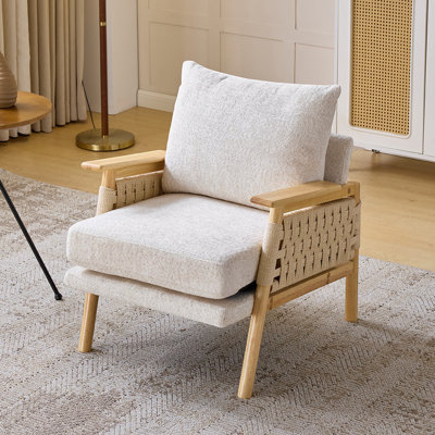 Fauteuil d'appoint rembourré en chenille tissé en rotin avec accoudoirs lombaires en bois d'hévéa avec coussin lombaire pour salon