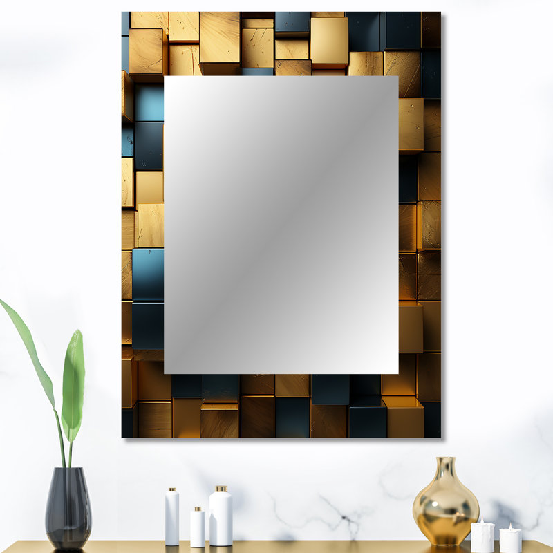 Grunge cubes dorés abstrait géométrique II - miroir géométrique abstrait, miroir mural moderne et contemporain unique, art imprimé en métal