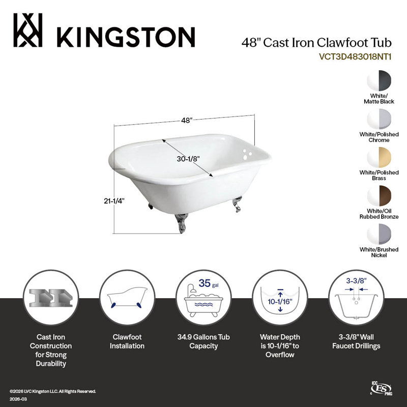 Kingston Brass Aqua Eden 48-Inch Cast Iron D-Shaped Roll Top Clawfoot Tub (3-3/8-Inch Wall Drillings), Polished Brass