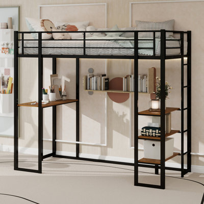 Lit à structure en fer avec lit et table, lit pour enfants et adolescents avec bureau en forme de L, lit à structure en fer avec rampe et escalier, avec des escaliers des deux côtés peut être placé n'importe où