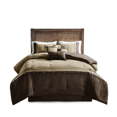 King Faux Suede Comforter - 7 Piece Brown, Decorative Accents Embroidered Detail