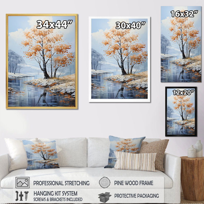 " Soft Blue Tones Maple Tree ", 20" H x 12" W x 1" D, White Picture Frame