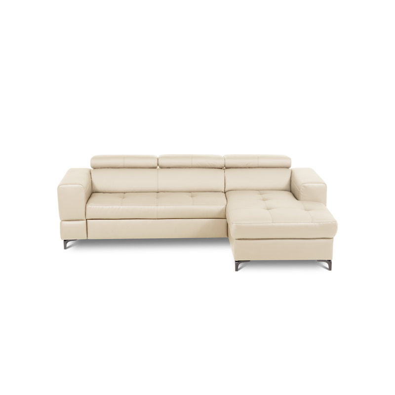 Tinos Genuine Leather Corner Sofa with Pull Out Bed with Storage and Adjustable Headrests, Beige, Right Hand Facing