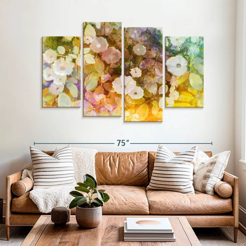 Fleurs blanches abstraites, H 42 po x l 68 po