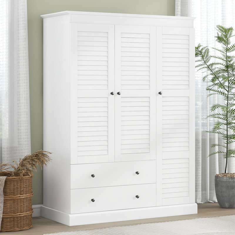  Armoire penderie à 3 portes avec compartiments de rangement et panneaux décoratifs, blanc
