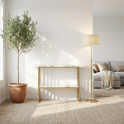 Stylish Contemporary Metal Frame Console Table with Faux Marble Top and Lower Storage Shelf