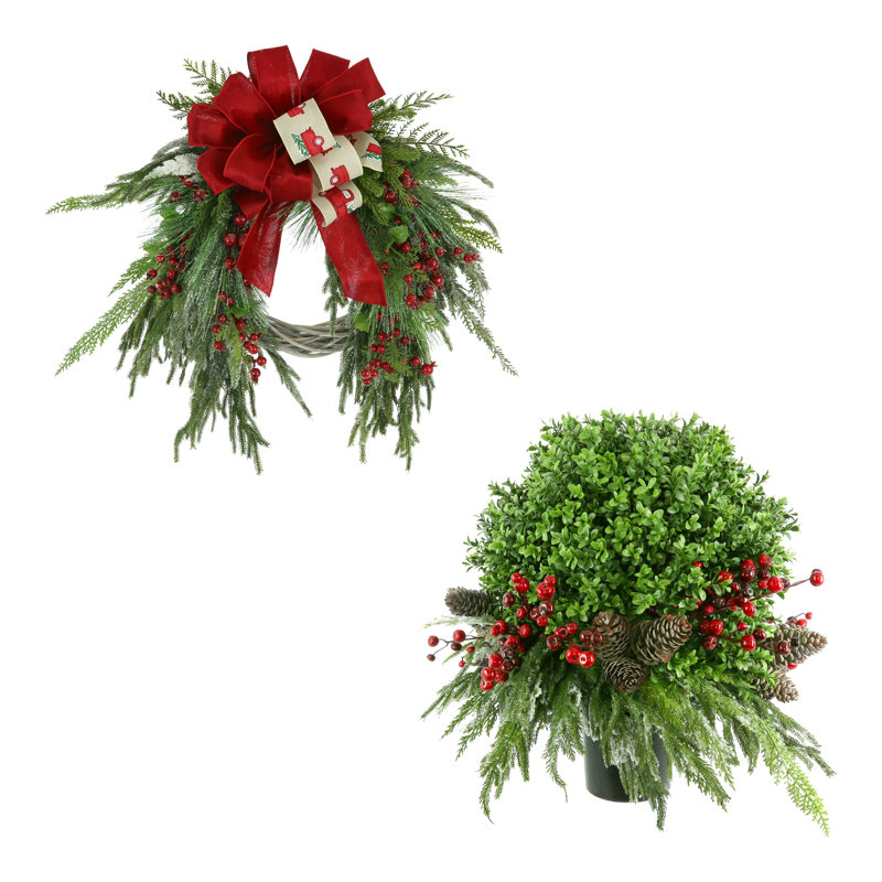 Farmhouse Holiday Wreath and UV Boxwood Drop-In