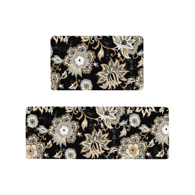 Ensemble de 2 tapis de cuisine rétro à imprimé floral noir pour la cuisine et la salle à manger, noir et beige