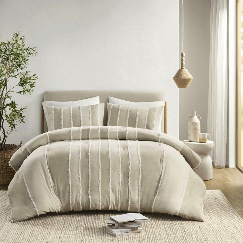 Édredon 3 pièces en coton taupe double / grand - aspect rayé, rembourrage 100%, détails décoratifs, visible, fascinant,