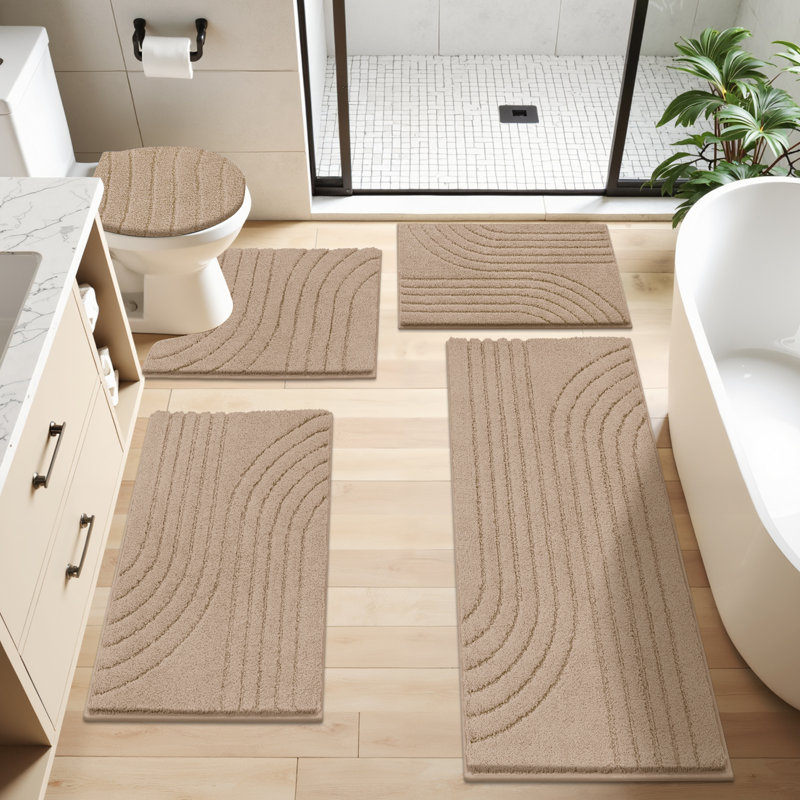 5 Piece Soft Absorbent Microfiber Bath Rug Set With Non-Slip Backing, Beige