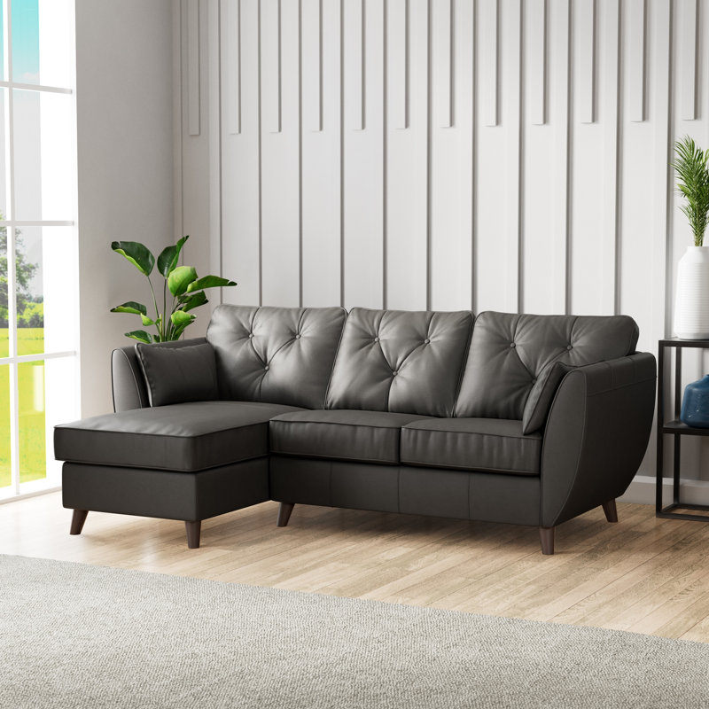 Hoxton 3 Seater Leather Maxi Sofa Chaise, Left Hand Facing, Raven, Dark Wood