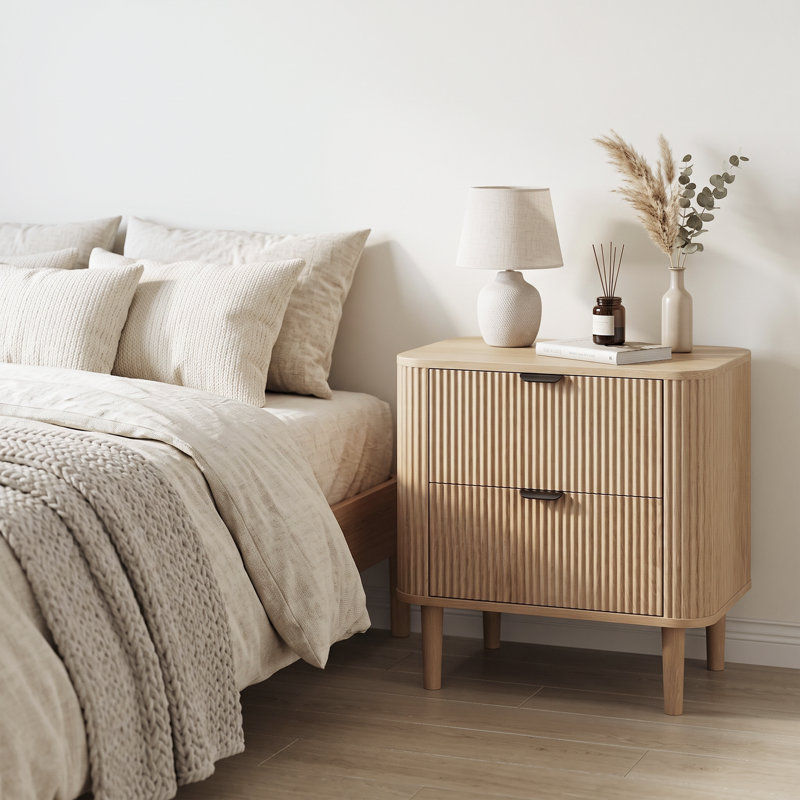57cm Wide Bedside Table Wood Nightstand 2-drawers, Oak