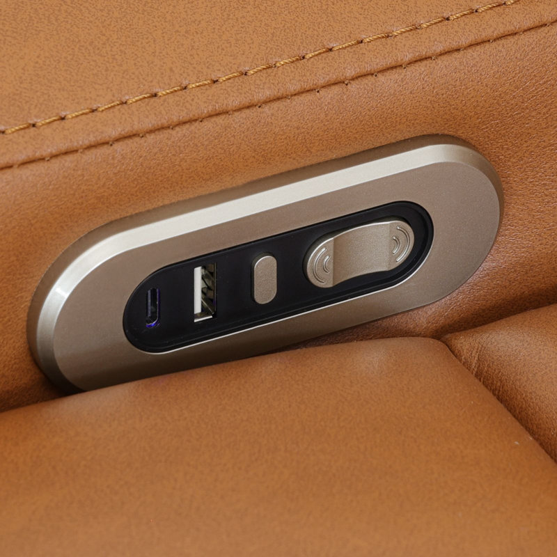 Canapé inclinable électrique en cuir de 216 cm de large avec accoudoirs de rangement, ports USB et Type-C, haut-parleur Bluetooth intégré et système audio, station de recharge sans fil