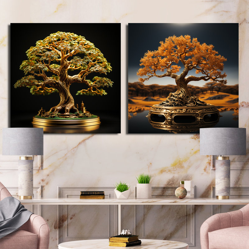 Bonsai Tree Tranquility Expression - Ensemble de 2 collages carrés Bonsai, H 30 po x l 61 po, Toile tendue