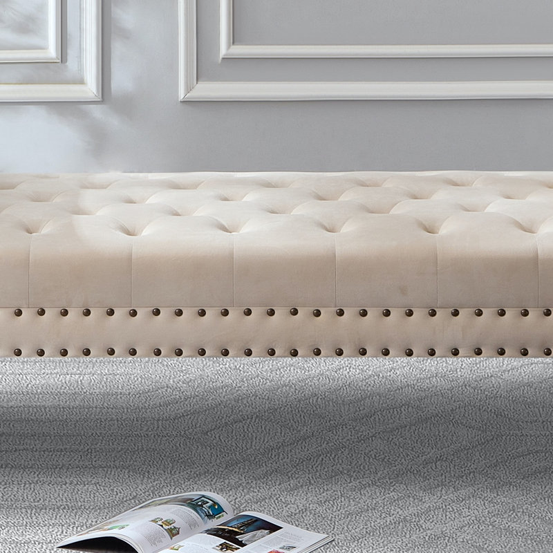 Alianny Upholstered Tufted Bench, Beige Velvet