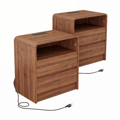 Modern Nightstand with Bentwood Design, Charging Station and 2 Drawers