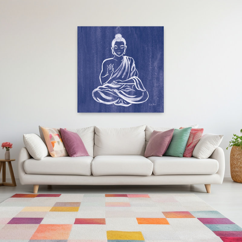 Bouddha contemporain avec art bleu asiatique, H 48 po x l 48 po